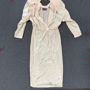 Vintage Hearts Midi Dress Womens 3/4 Peach Good Rayon Jacquard Keyhole Back 2147